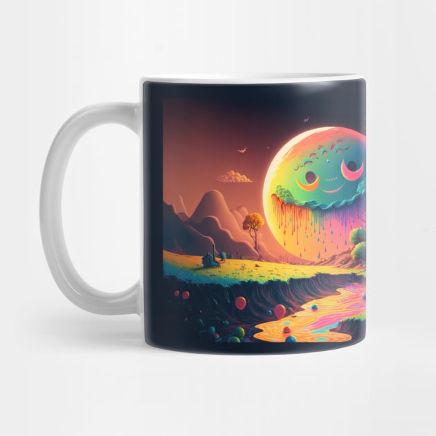 Spooky Smiling Moon Mountainscape - Psychedelic Landscape - Paint Dripping 3D Illustration - Colorful Haunted Nature Scene by JensenArtCo